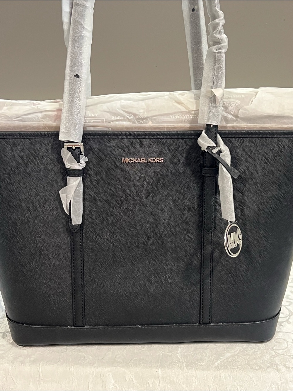 Michael Kors Black Saffiano Tote with Gold Logo Accent